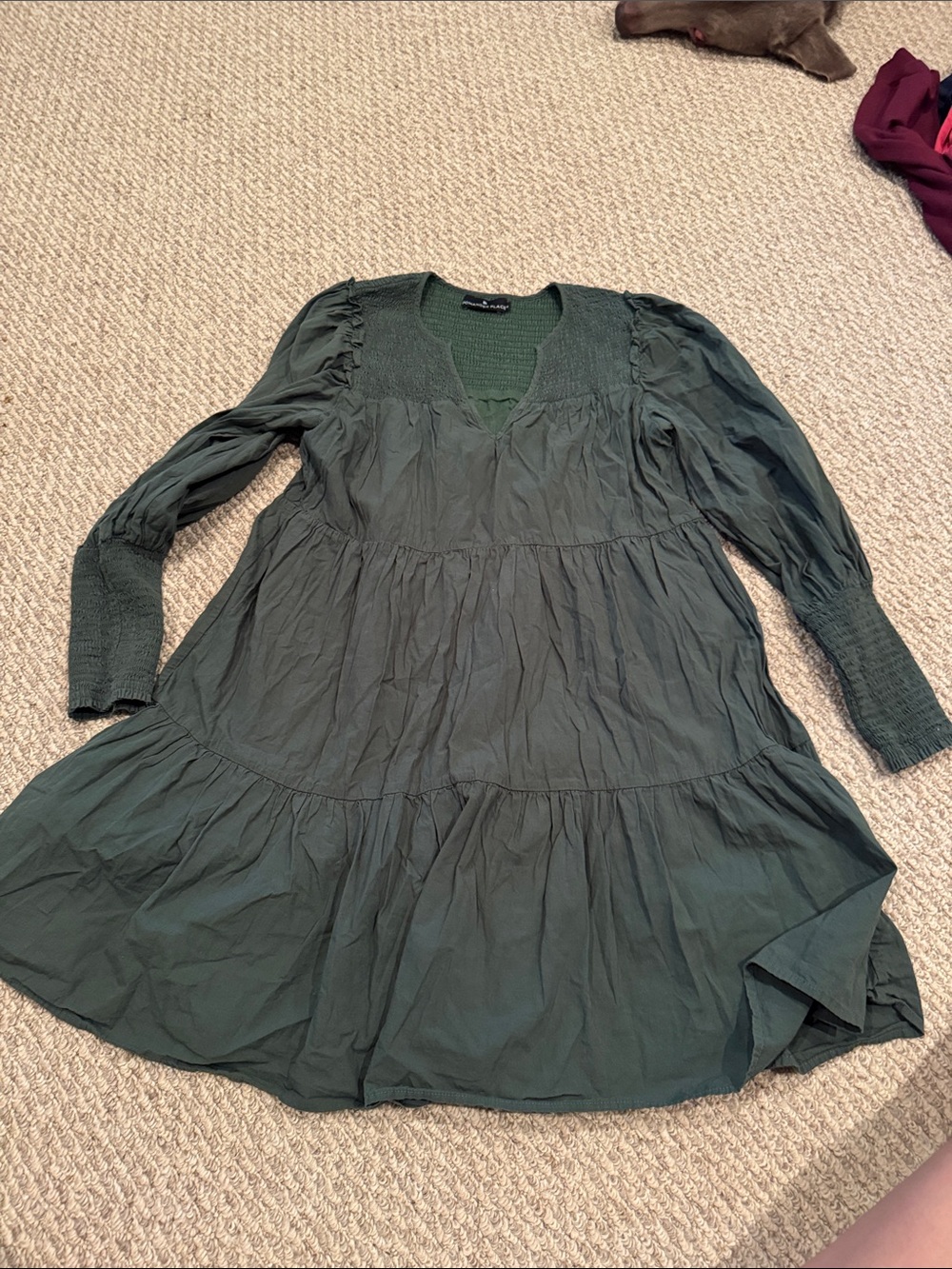 Pomander Place Forest Green Smocked Tiered Long Sleeve Dress